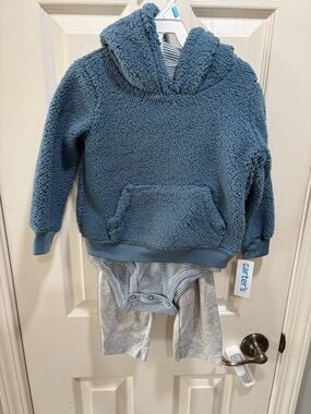 Carter's Blue Sherpa Hoodie with Striped Bodysuit and Gray Pants